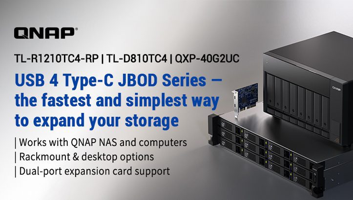 QNAP masaüstü və stend tipli yerləşdirmə üçün USB 4 Type-C interfeysli yüksək tutumlu JBOD sistemlərini təqdim edir
